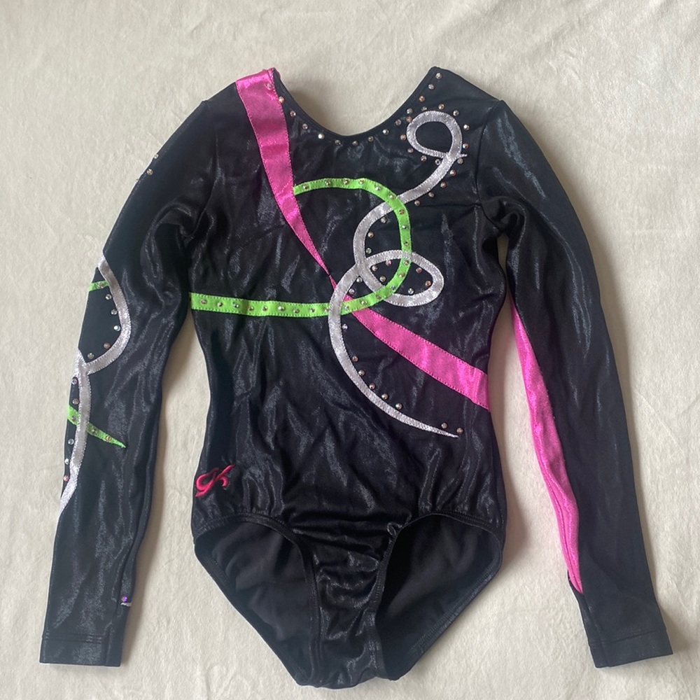GK Elite long-sleeve rhinestone gymnastics competition leotard.